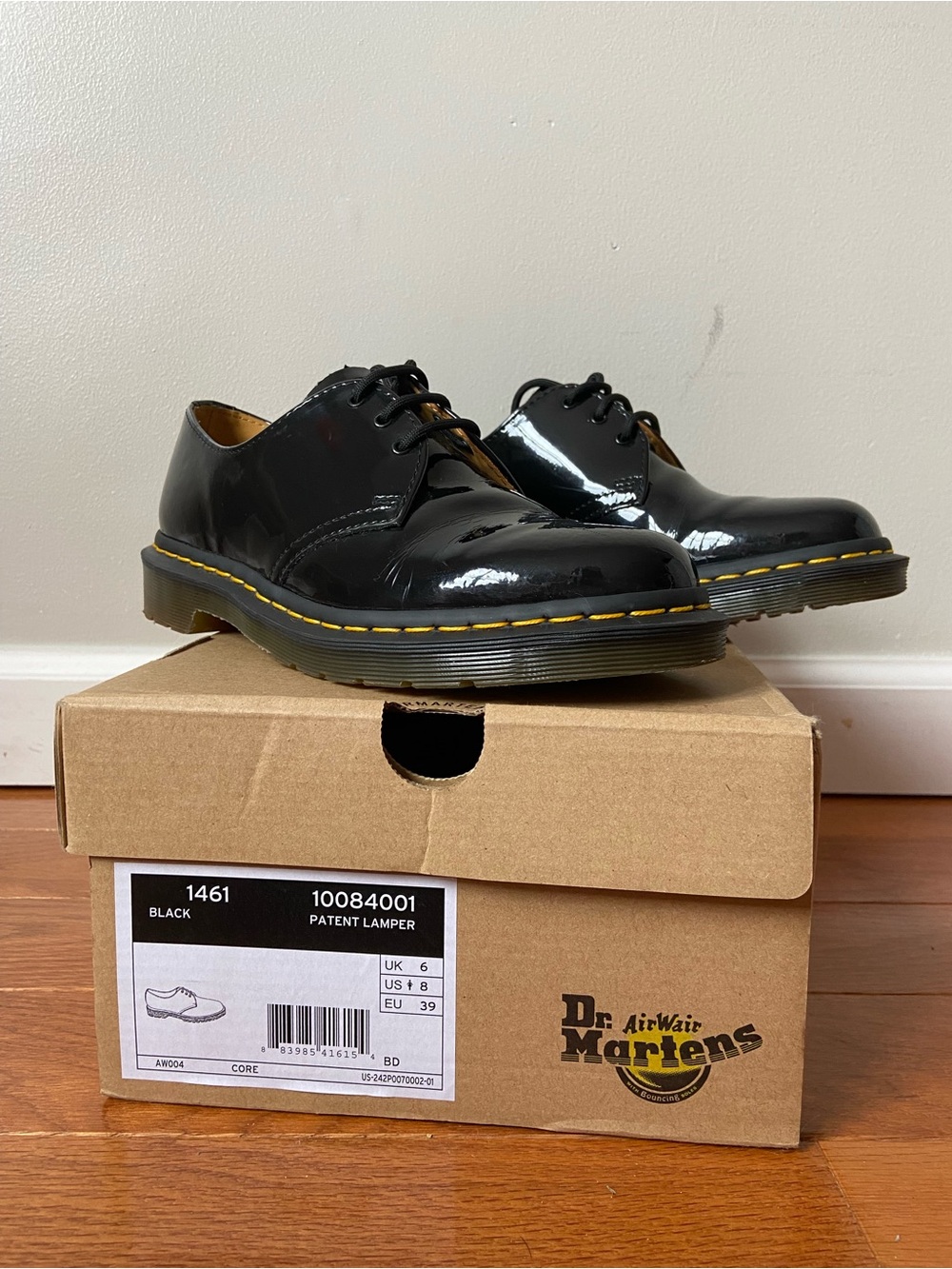 Dr. Martens Black Patent Lamper Oxfords with Yellow Stitching